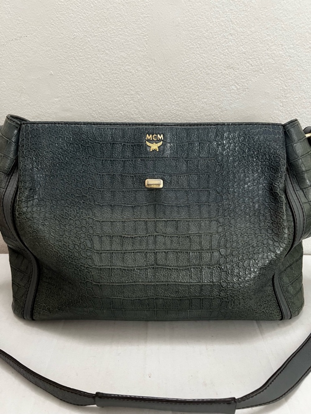 MCM Mocha Luxe Handbag 2010 Vintage Croco Leather Satchel Bag Rare Khaki Gray - Picture 16 of 16